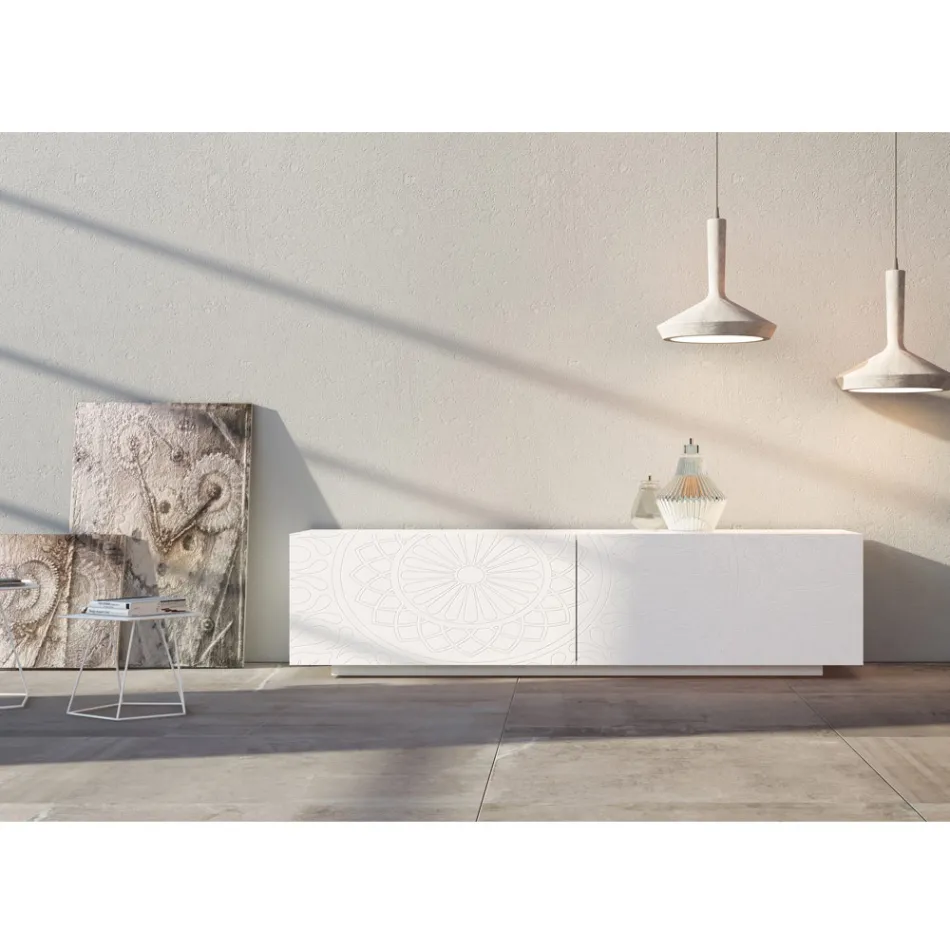 Lounge Sideboard in White Mdf with Bas-relief Made in Italy - Stilea Viadurini