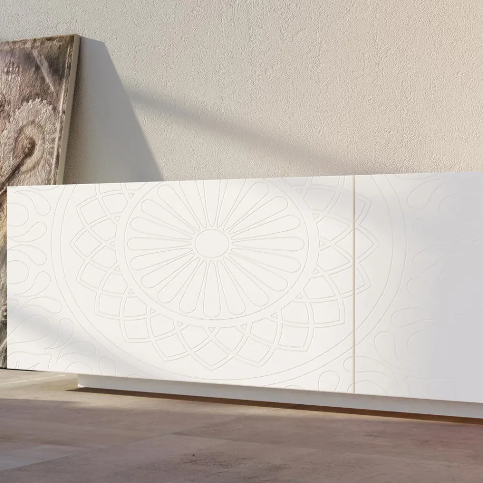 Lounge Sideboard in White Mdf with Bas-relief Made in Italy - Stilea Viadurini