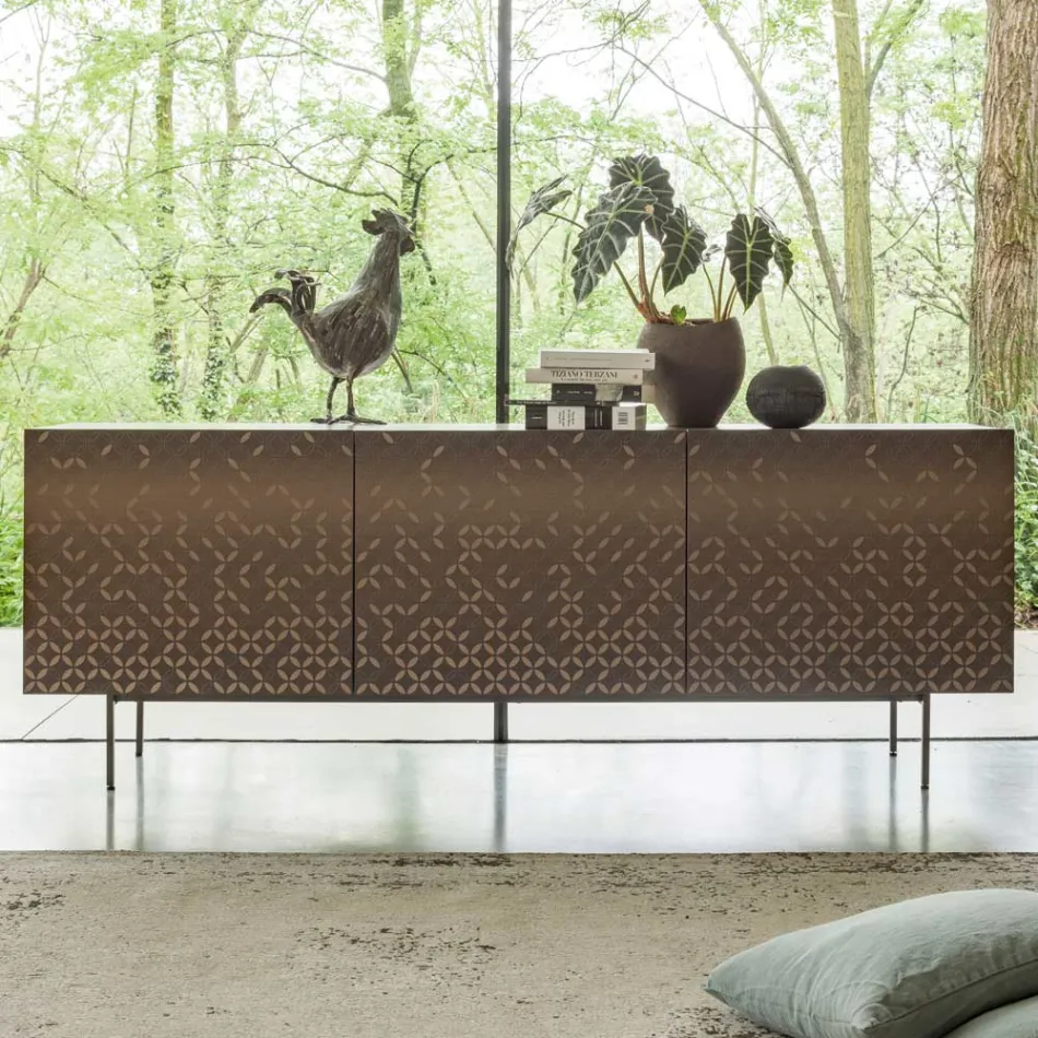 Metallic Moka Lacquered Lounge Sideboard with 3D Decoration Made in Italy - Maple Viadurini