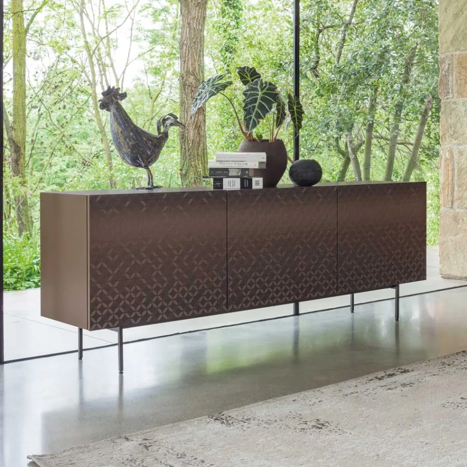 Metallic Moka Lacquered Lounge Sideboard with 3D Decoration Made in Italy - Maple Viadurini