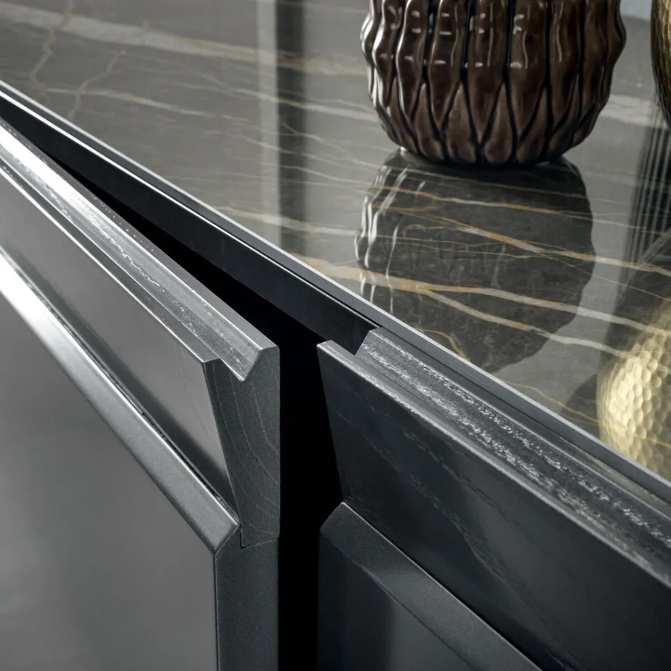 Wooden Sideboard 3 Doors with Slanted Edge and Ceramic Top - Mondolfo Viadurini