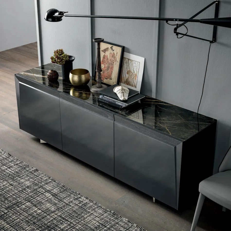 Wooden Sideboard 3 Doors with Slanted Edge and Ceramic Top - Mondolfo Viadurini