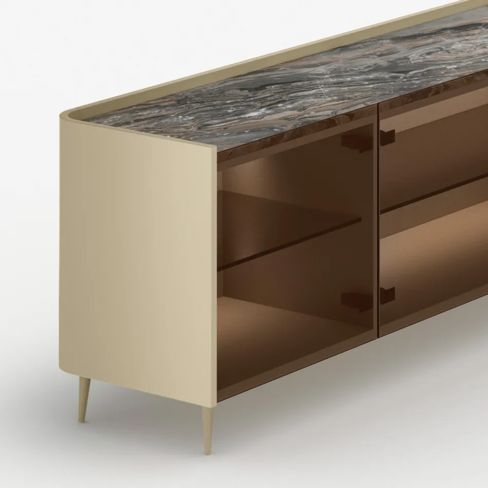 Curved Lacquered Wood Sideboard with Bronze Glass Doors Made in Italy - Lyra Viadurini