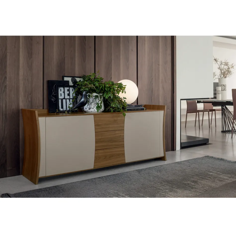 Sideboard in Lacquered Wood 2 Doors 3 Drawers Italian Curvilinear Design - Celio Viadurini