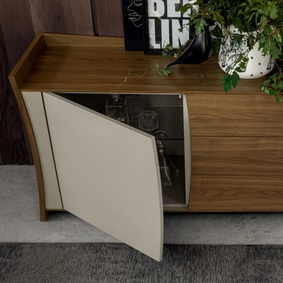 Sideboard in Lacquered Wood 2 Doors 3 Drawers Italian Curvilinear Design - Celio Viadurini