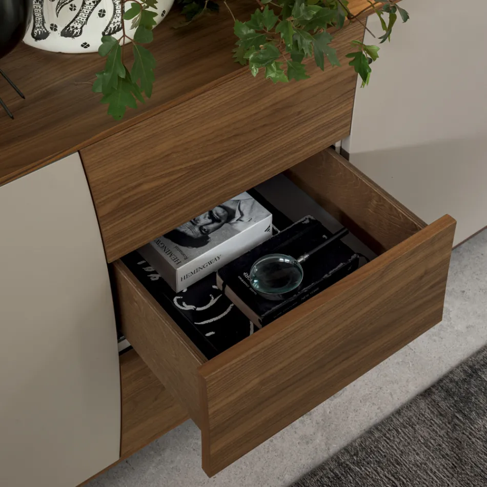 Sideboard in Lacquered Wood 2 Doors 3 Drawers Italian Curvilinear Design - Celio Viadurini