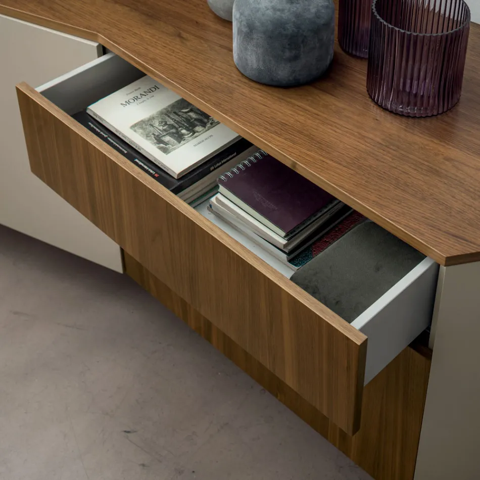 Sideboard in MDF with 2 Doors and 2 Protruding Drawers with Inclined Sides - Caspiter Viadurini