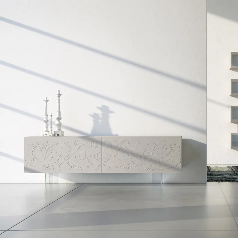 Sideboard in Light Grey Mdf with Glass Feet Made in Italy - Germena Viadurini