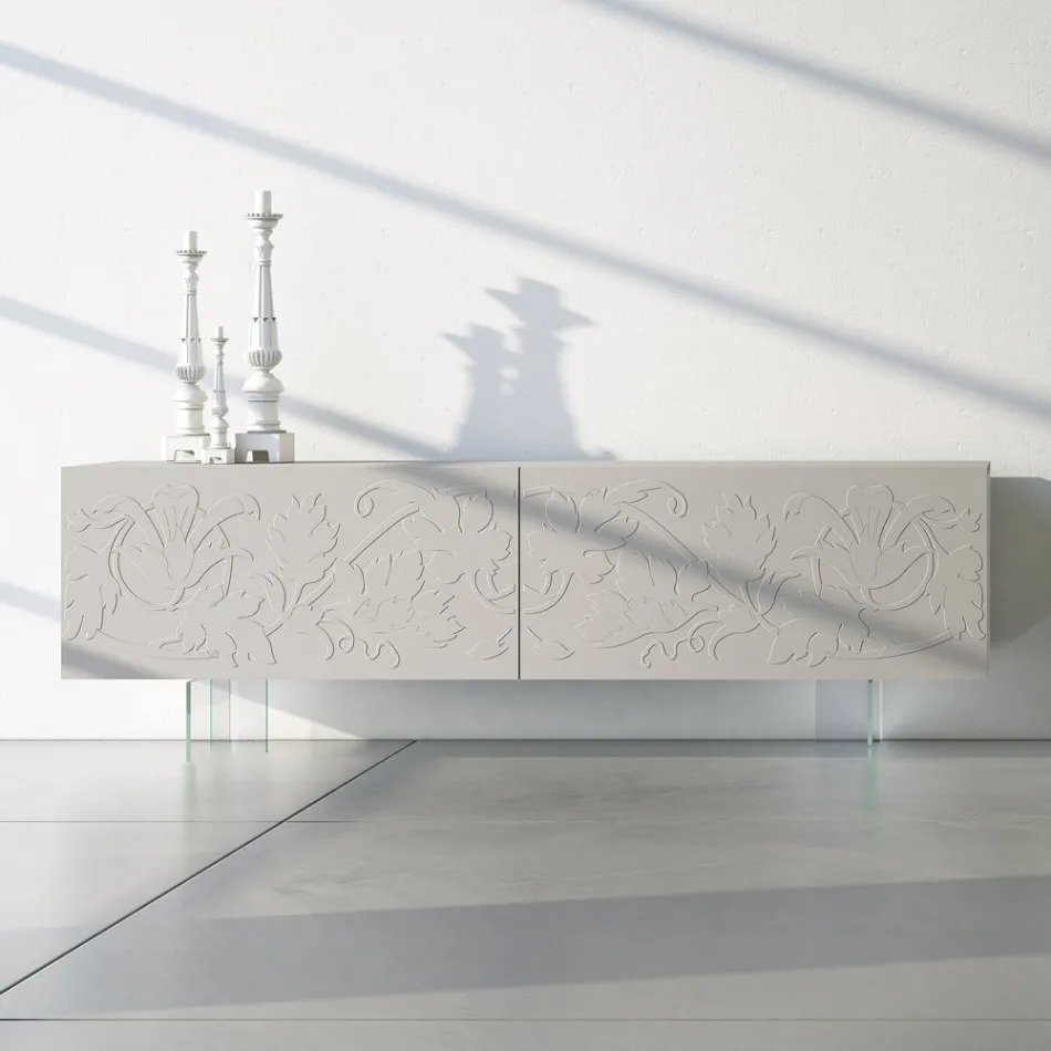 Sideboard in Light Grey Mdf with Glass Feet Made in Italy - Germena Viadurini