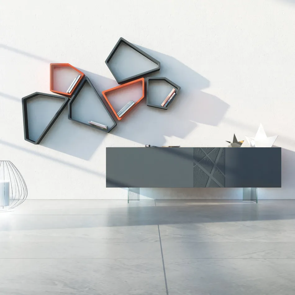 Sideboard in Graphite Grey Mdf with Glass Feet Made in Italy - Zelia Viadurini