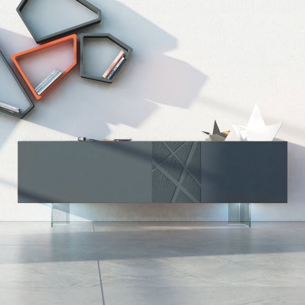 Sideboard in Graphite Grey Mdf with Glass Feet Made in Italy - Zelia Viadurini