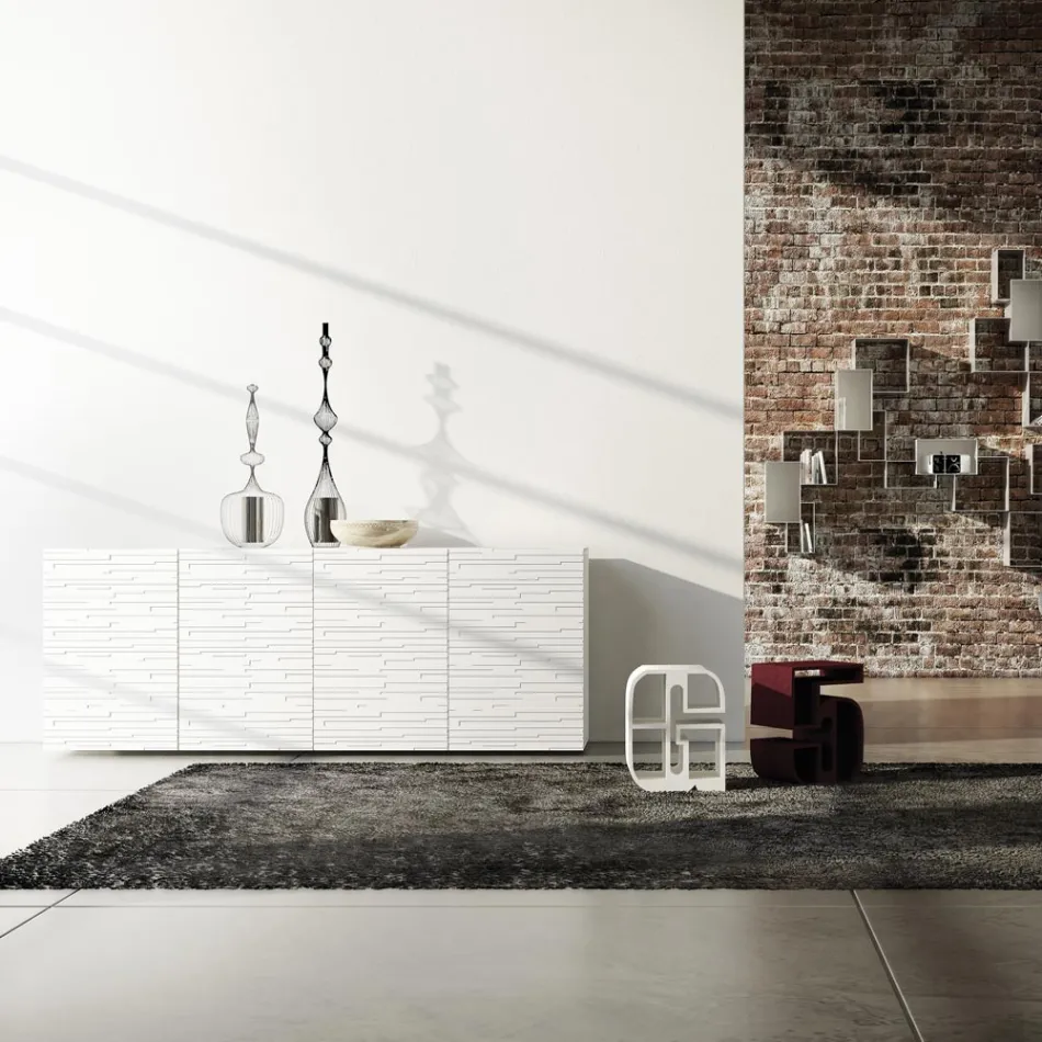 Sideboard in Matt White Lacquered Mdf with Decorated Doors Made in Italy - Chicago Viadurini