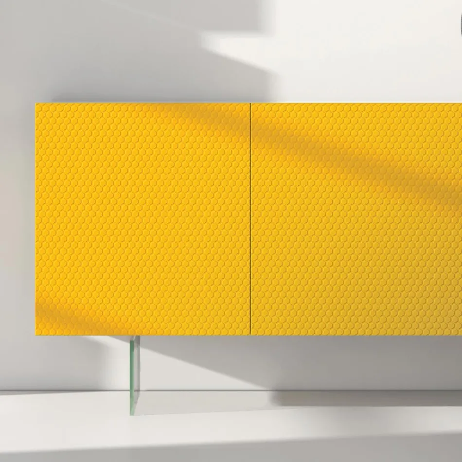 Yellow Lacquered Mdf Sideboard with 3 Doors and Glass Feet Made in Italy - Ciara Viadurini