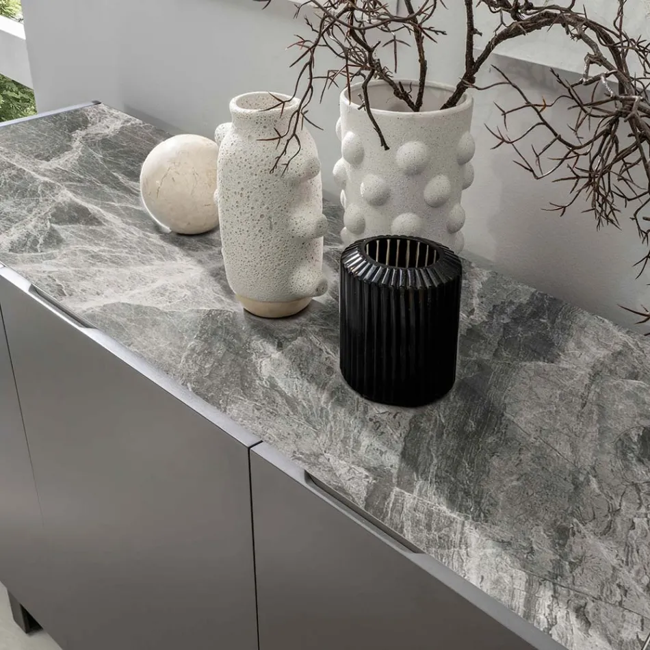 Sideboard in MDF, Top in Grey Marble Effect Ceramic with 3 Push-pull - Click Doors Viadurini