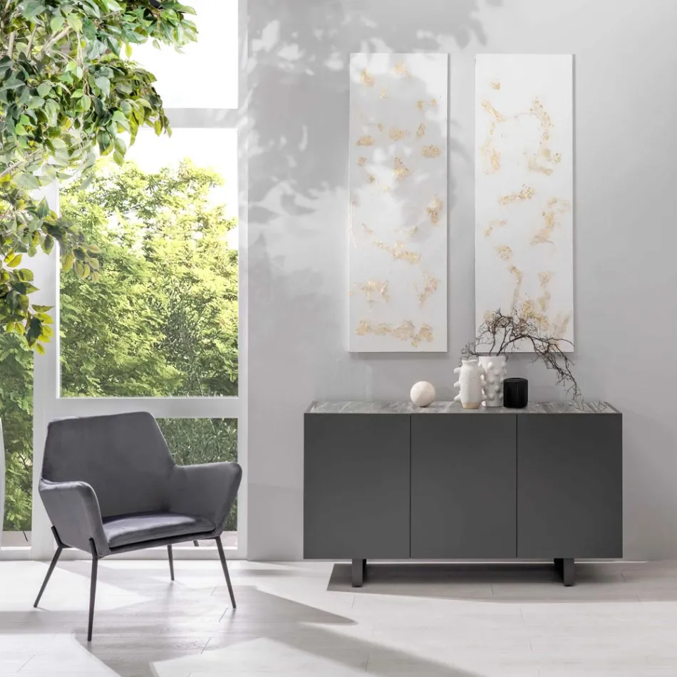 Sideboard in MDF, Top in Grey Marble Effect Ceramic with 3 Push-pull - Click Doors Viadurini