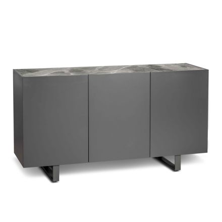 Sideboard in MDF, Top in Grey Marble Effect Ceramic with 3 Push-pull - Click Doors Viadurini