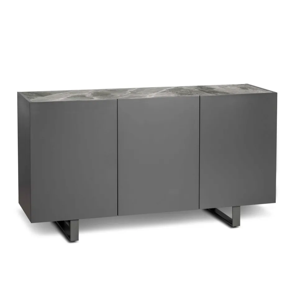 Sideboard in MDF, Top in Grey Marble Effect Ceramic with 3 Push-pull - Click Doors Viadurini