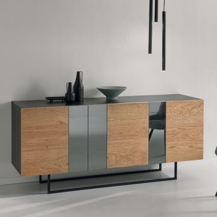 Sideboard in melamine with 3 oak doors and mirror Made in Italy - Romina Viadurini