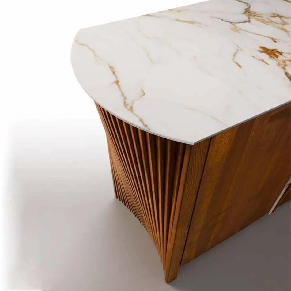 Modern Wooden Sideboard with Top and Door in Marble Gres Made in Italy - Wonka Viadurini