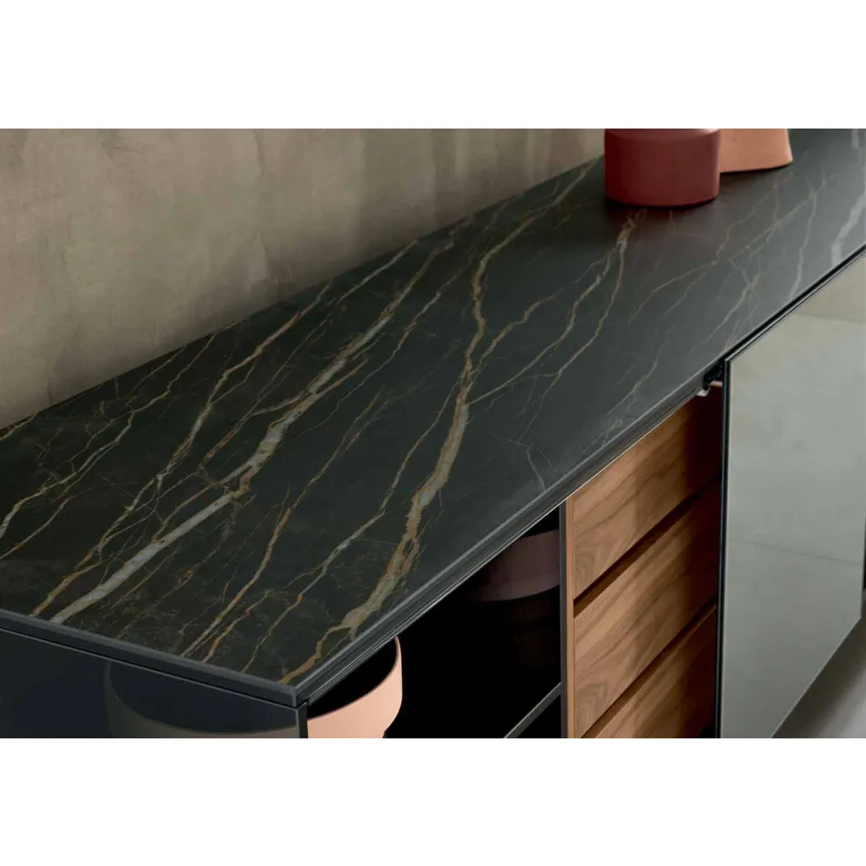 Modern Sideboard on Smoked Glass Wheels and Ceramic Top Made in Italy - Sciocca Viadurini