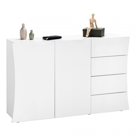 Lounge Sideboard 2 Doors 4 Drawers in Arched Glossy White Wood - Sabine Viadurini
