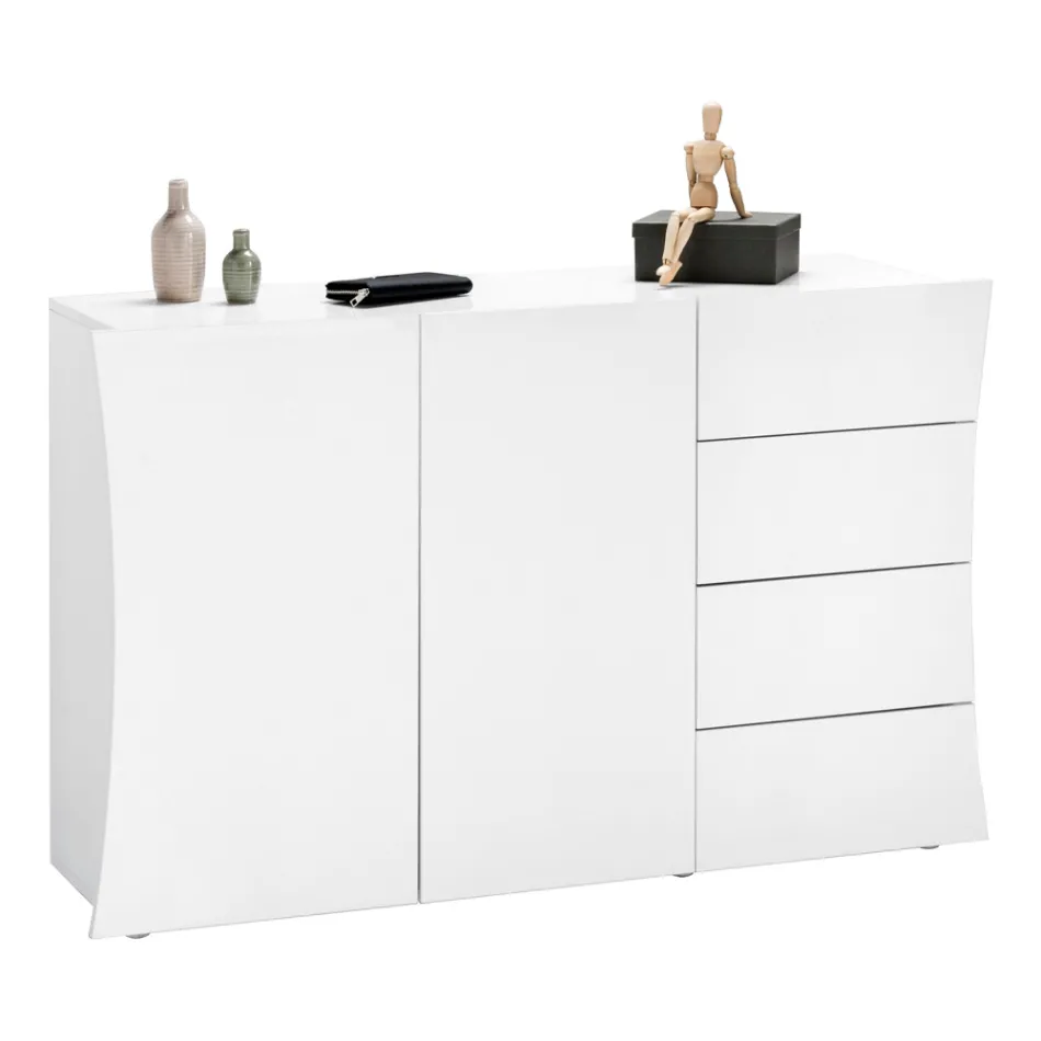 Lounge Sideboard 2 Doors 4 Drawers in Arched Glossy White Wood - Sabine Viadurini