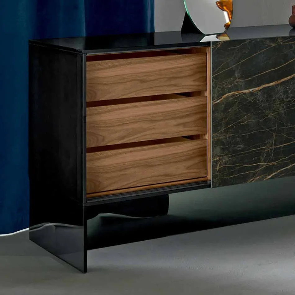 Lounge Sideboard 2 Ceramic Doors and Smoked Glass Structure Made in Italy - Sciocca Viadurini
