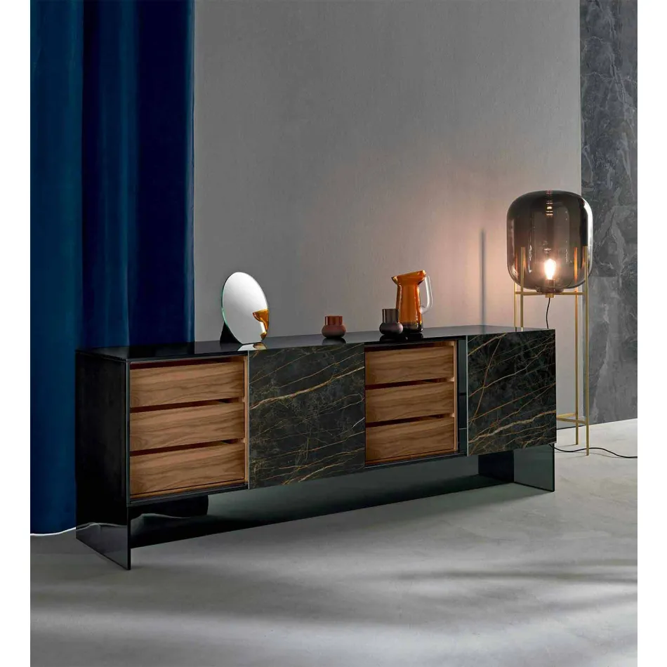 Lounge Sideboard 2 Ceramic Doors and Smoked Glass Structure Made in Italy - Sciocca Viadurini