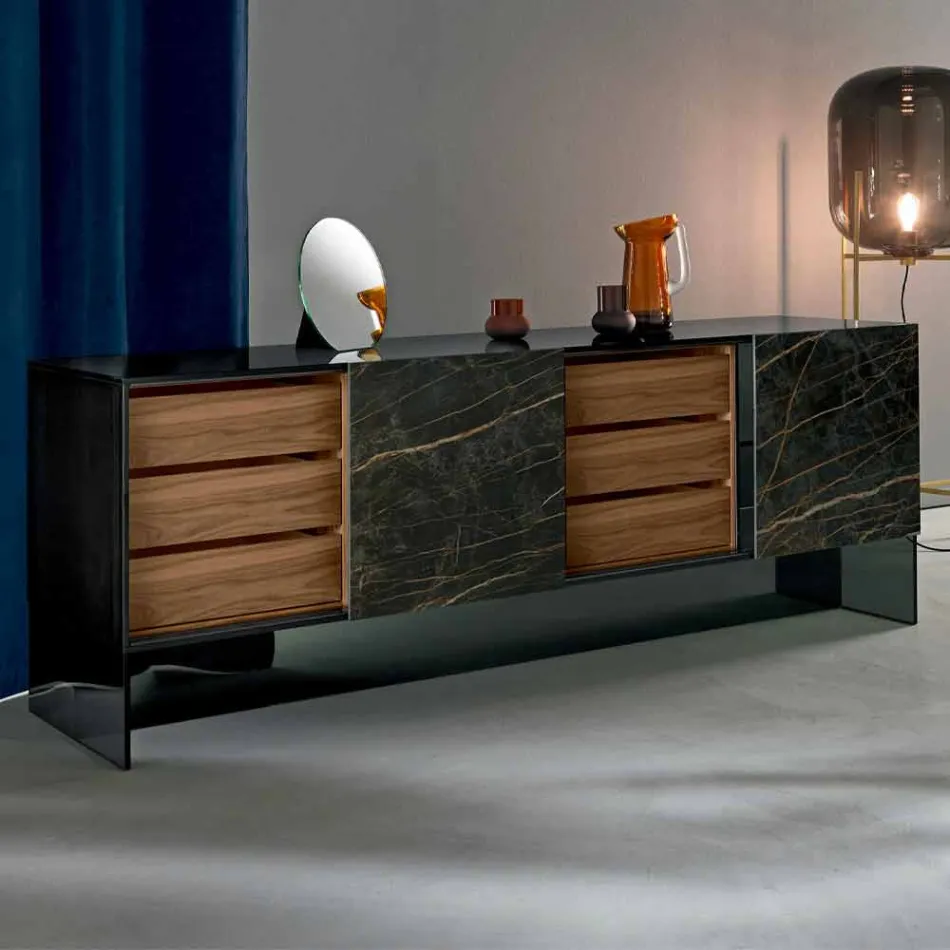 Lounge Sideboard 2 Ceramic Doors and Smoked Glass Structure Made in Italy - Sciocca Viadurini