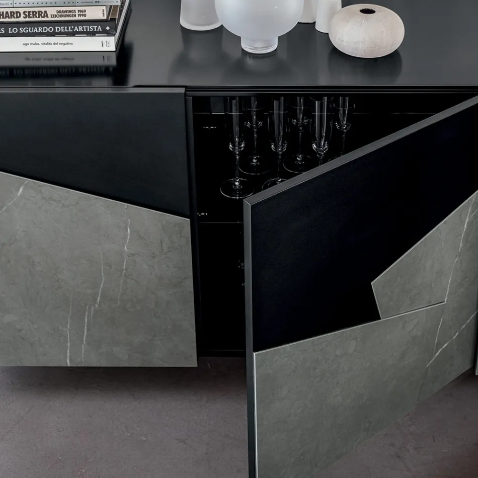 Lounge sideboard in lacquered MDF 3 doors with ceramic inserts - Imperio Viadurini