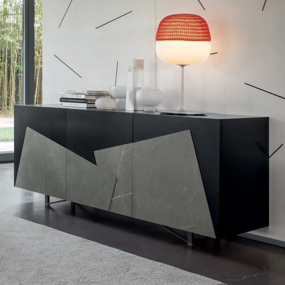 Lounge sideboard in lacquered MDF 3 doors with ceramic inserts - Imperio Viadurini