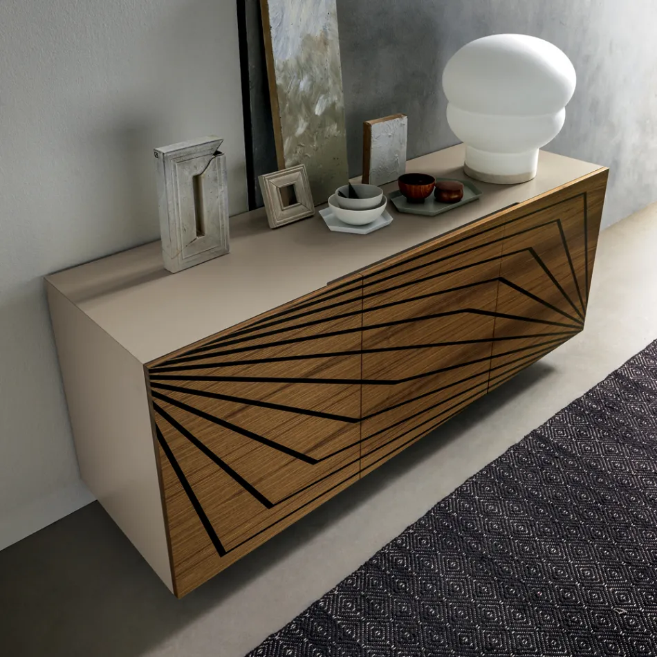 Lounge sideboard in lacquered MDF 3 doors with silk-screened inlays - Saronno Viadurini