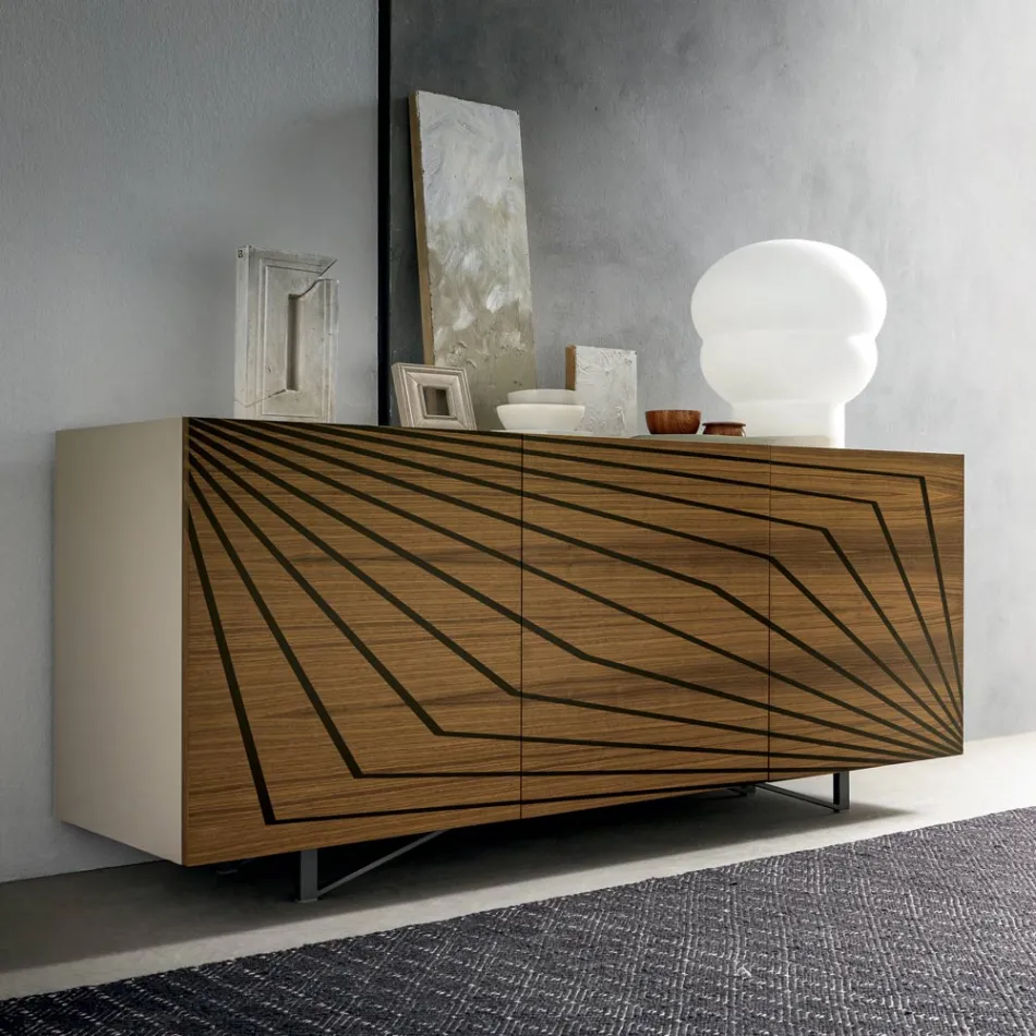 Lounge sideboard in lacquered MDF 3 doors with silk-screened inlays - Saronno Viadurini