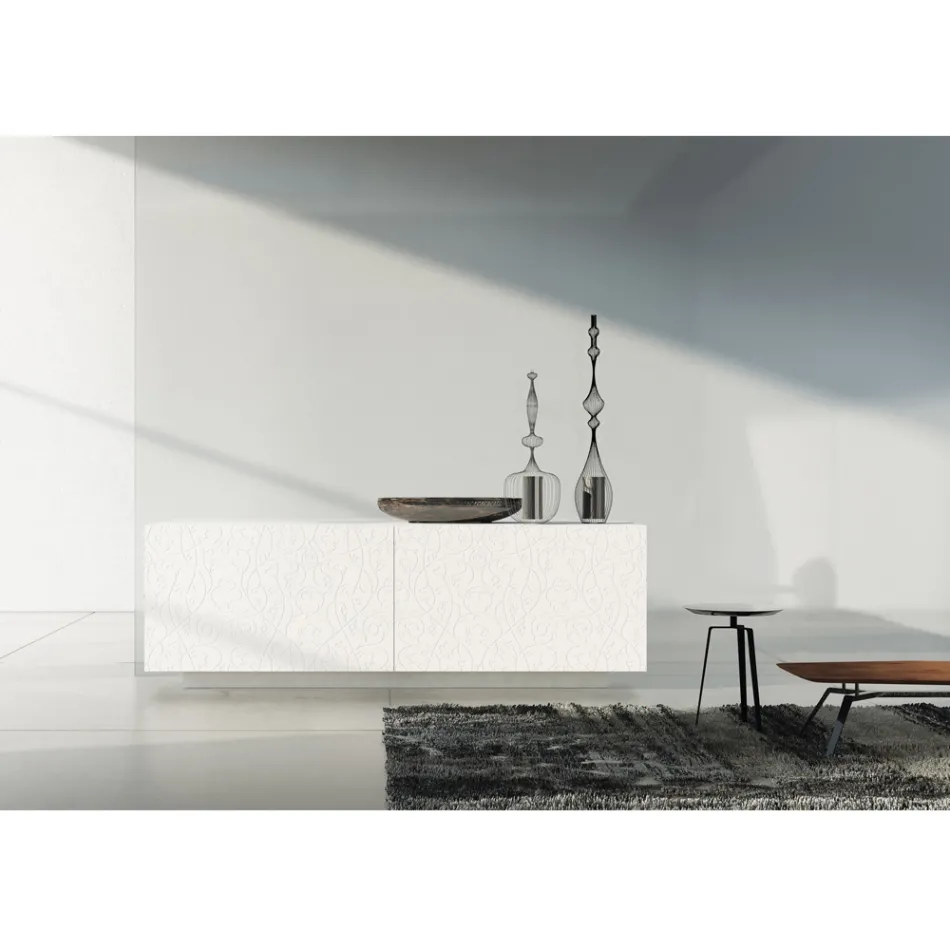 Lounge Sideboard in White Lacquered Mdf with Bas-relief Made in Italy - Acqua Viadurini