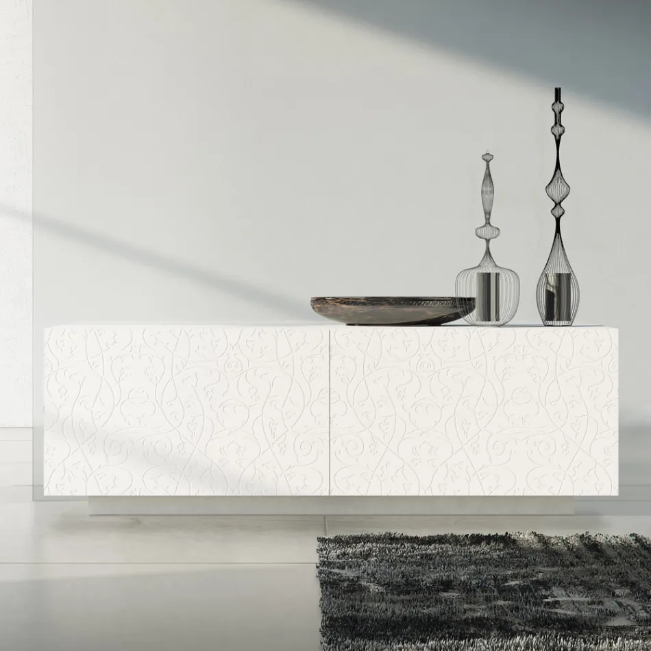 Lounge sideboard in White Lacquered Mdf with Bas-relief Made in Italy - Acqua Viadurini