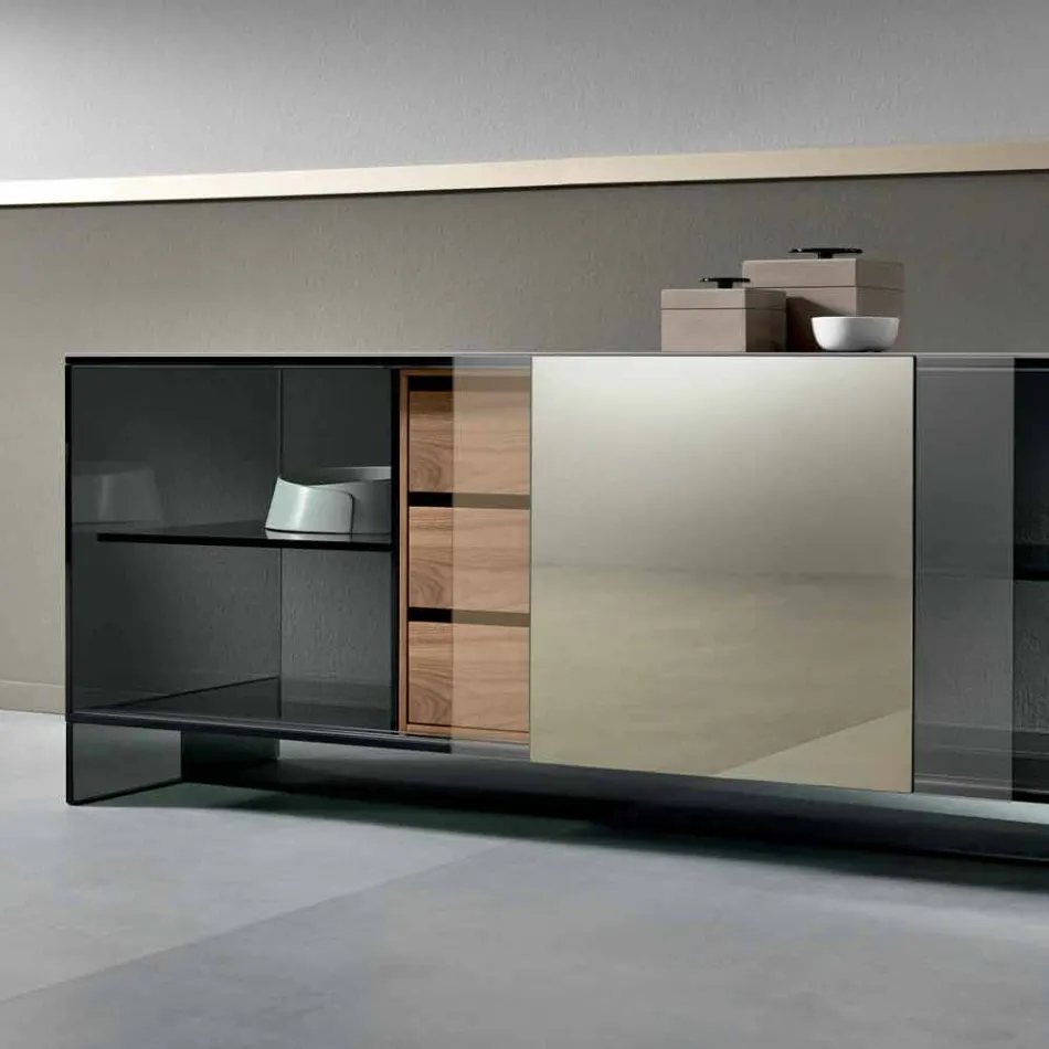 Smoked Glass Lounge Sideboard with Bronze Mirror Door Made in Italy - Silly Viadurini