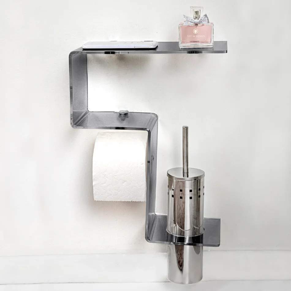 Bathroom Shelf with Roll Holder and Toilet Brush Holder Made in Italy - Scrooge Viadurini