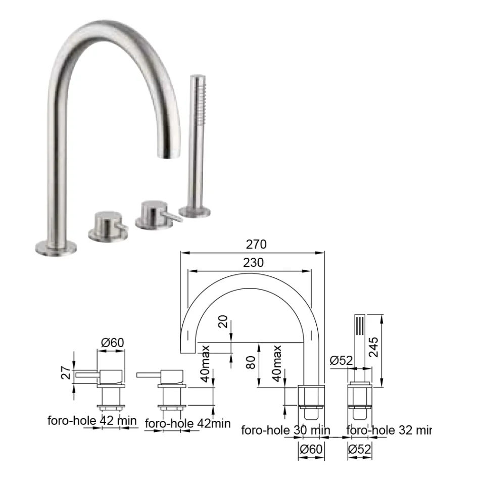4-Hole Deck Mounted Bath Mixer with AISI 316L Steel Spout - Artigli Viadurini