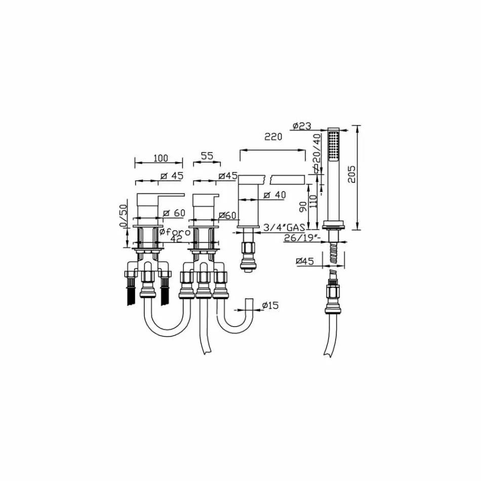 Made in Italy Design Brass 4 Hole Bathtub Mixer - Panela Viadurini