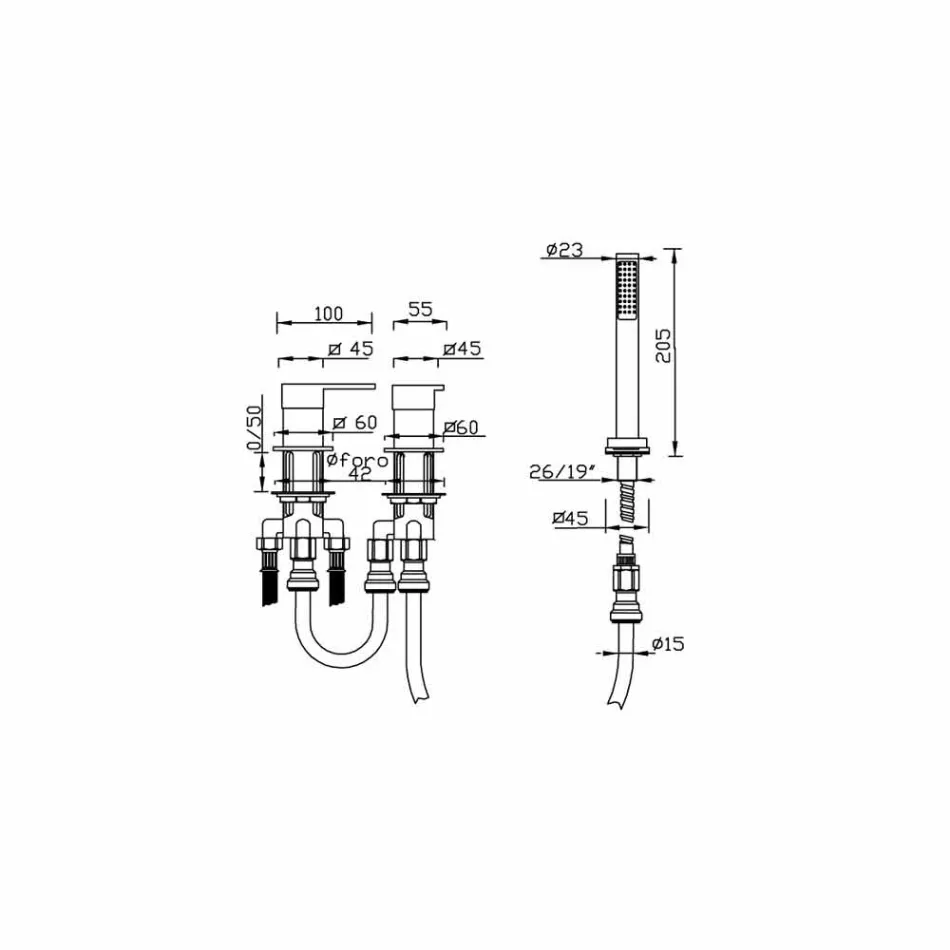 Modern 3-Hole Brass Bathtub Mixer Made in Italy - Bibo Viadurini