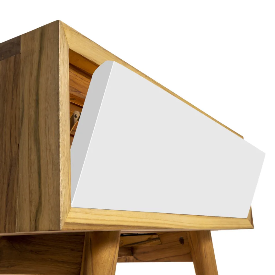 Floor Bathroom Cabinet in Reclaimed Teak and White Support Top - Gatien Viadurini