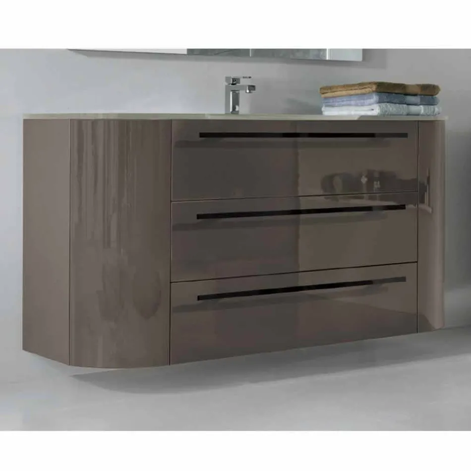 Suspended bathroom cabinet 3 drawers + 2 wooden doors Happy, integrated sink Viadurini