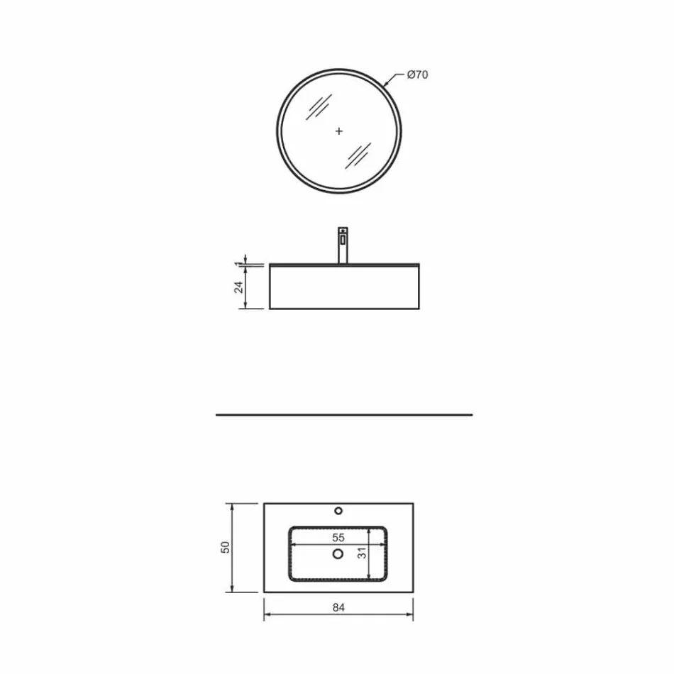 Suspended Bathroom Cabinet with Drawer and Integrated Washbasin and Round Mirror - Renga Viadurini