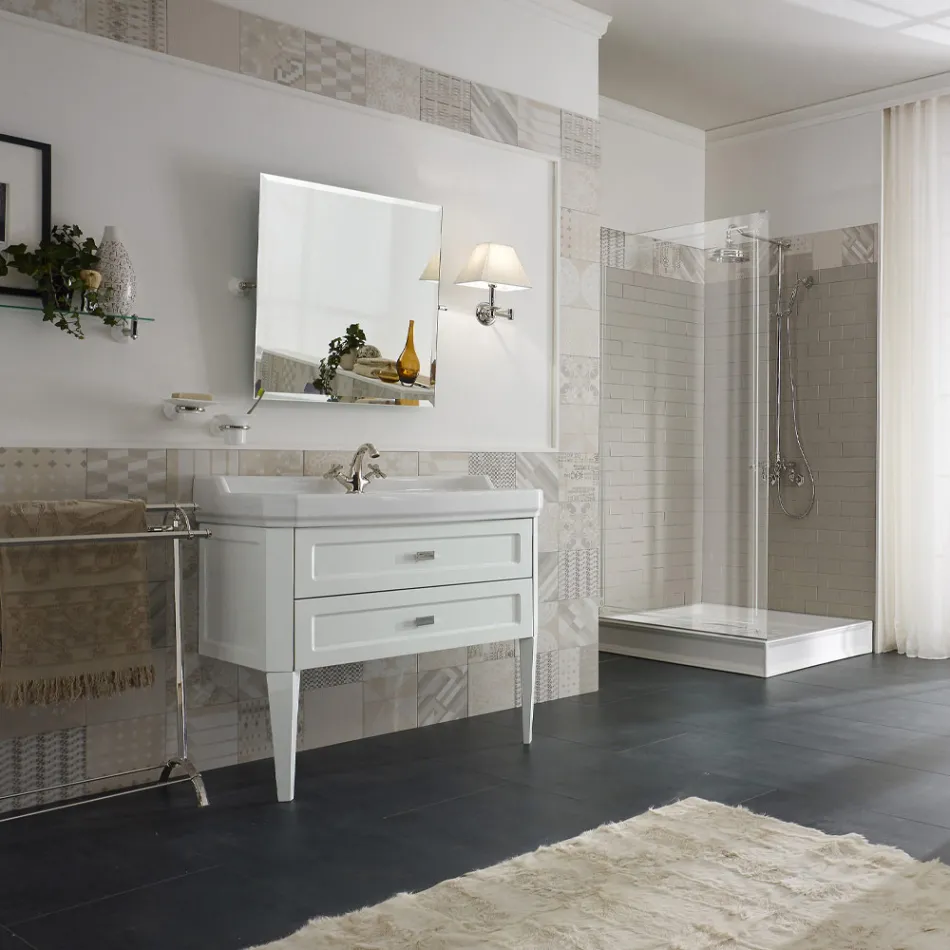 Bathroom Cabinet with Two Drawers and Ceramic Washbasin Made in Italy - Rome Viadurini