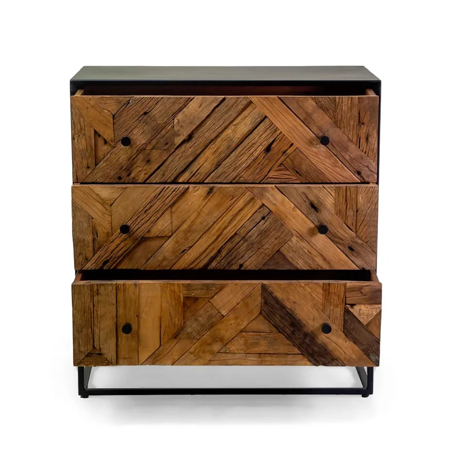 Black Metal Lounge Cabinet with 3 Wooden Drawers - Wreck Viadurini