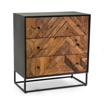 Black Metal Lounge Cabinet with 3 Wooden Drawers - Wreck Viadurini