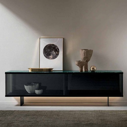 Lounge Sideboard in Smoked Glass and Green or Red Marble with Led - Leonarda Viadurini