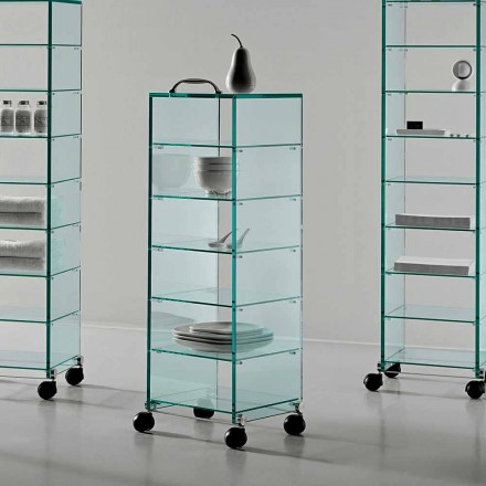 Multipurpose Cabinet with Transparent Glass Wheels with 3,6,8 or 10 Shelves - Versatilio Viadurini