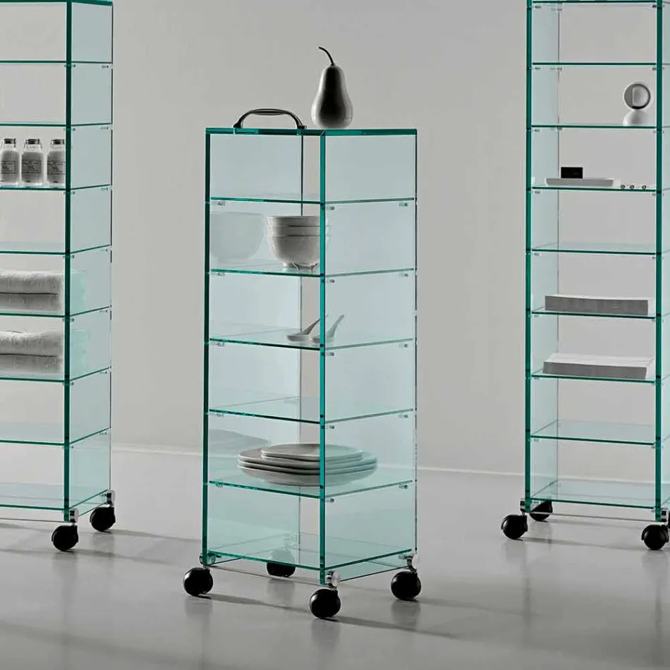 Multipurpose Cabinet with Transparent Glass Wheels with 3,6,8 or 10 Shelves - Versatilio Viadurini
