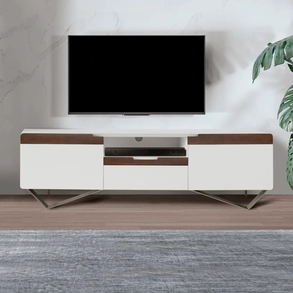 TV Cabinet with 2 Doors in Canaletto and White Finish Made in Italy - Kari Viadurini
